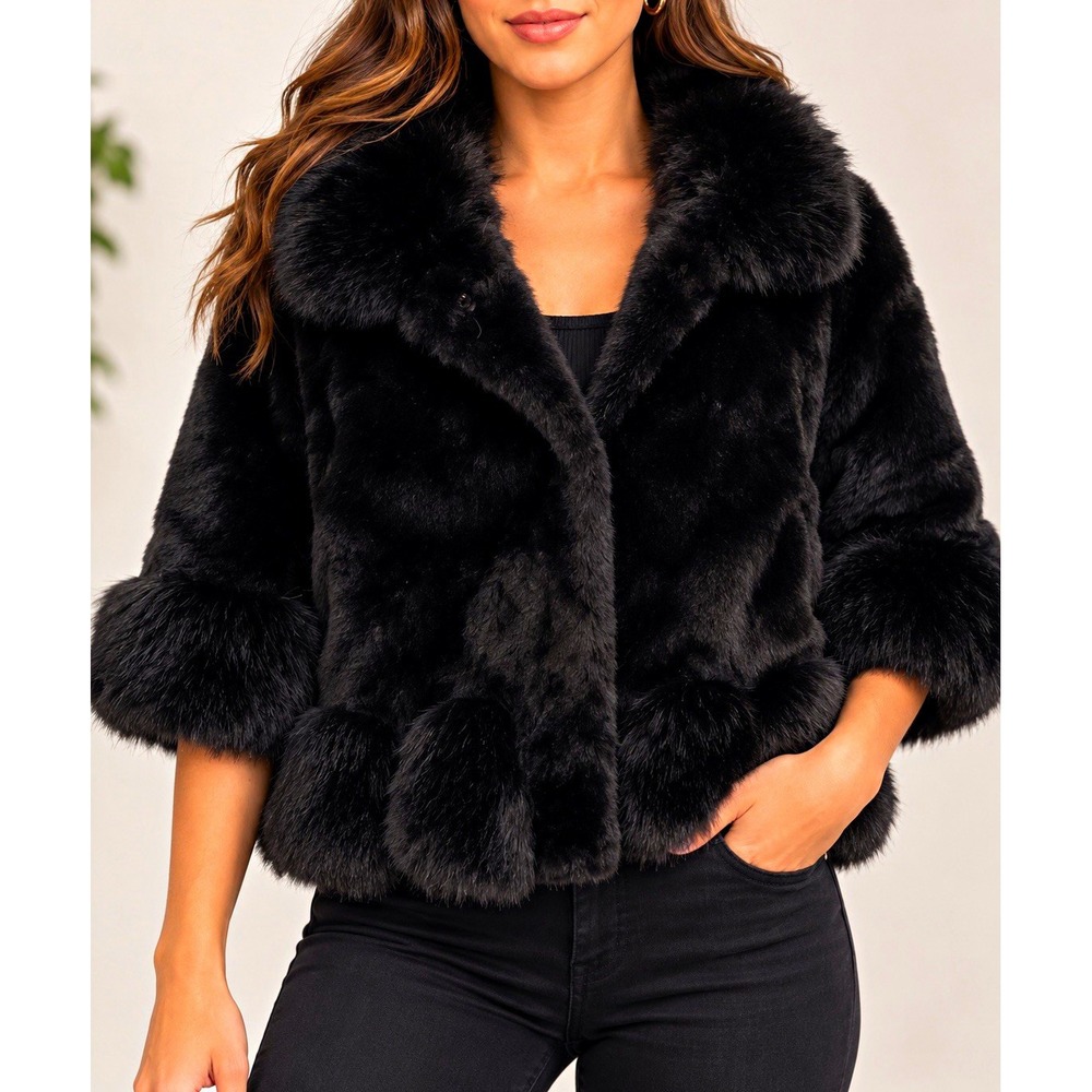 Fashionable Black Faux Fur Jacket with Collar Quilted Lining Womens Coat